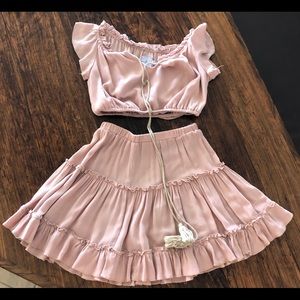 tan mini skirt with cropped top